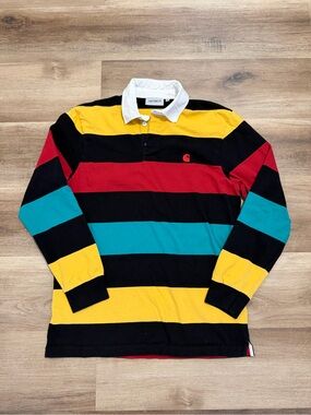 Carhartt WIP Striped Henwick Rugby Shirt Men’s Size S Black Yellow Red Teal